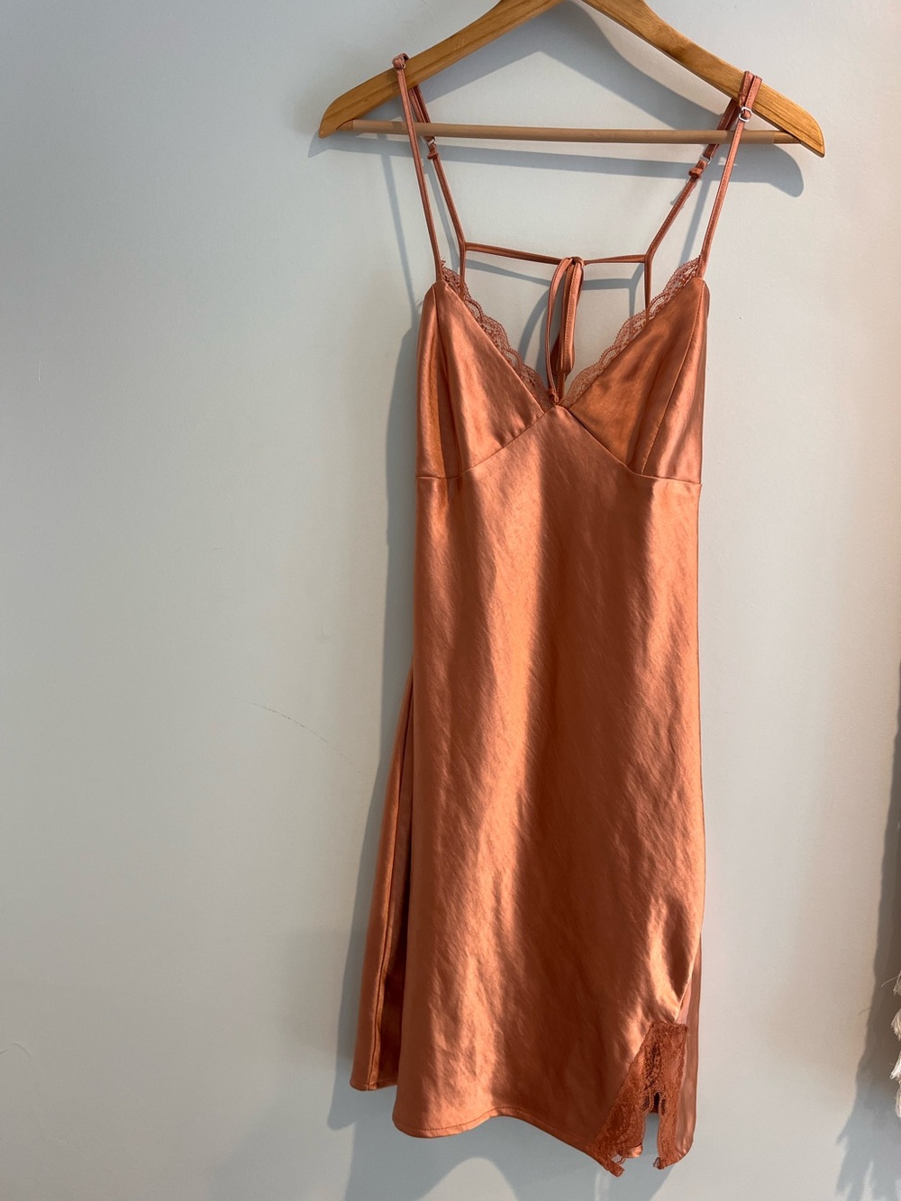 Satin Slip Dress LARGE Copper Brown Silky Lace Babydoll Low Scoop Back